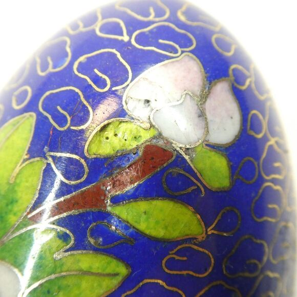 Cloisonne Enamel Egg Vintage Pink Chrysanthemum Flowers on Blue AS IS - Picture 5 of 7